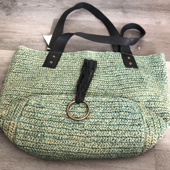 Free People Green En Riva Raffia Tote Black Leather Accents NWT - Picture 4 of 16